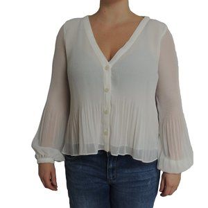 ZARA Ruffle Pleated White / Cream Button Blouse XL
